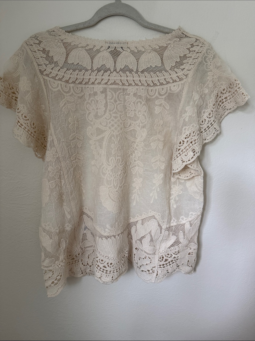 Democracy Cream Lace Crochet Short Sleeve Blouse - Picture 3 of 4
